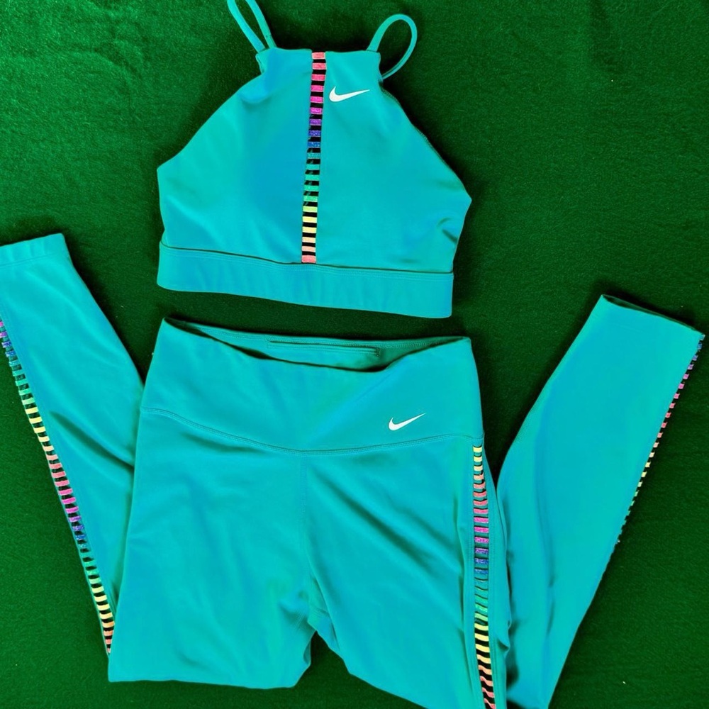 Bright green and rainbow cutout nike high neck sports bra / croptop and leggings